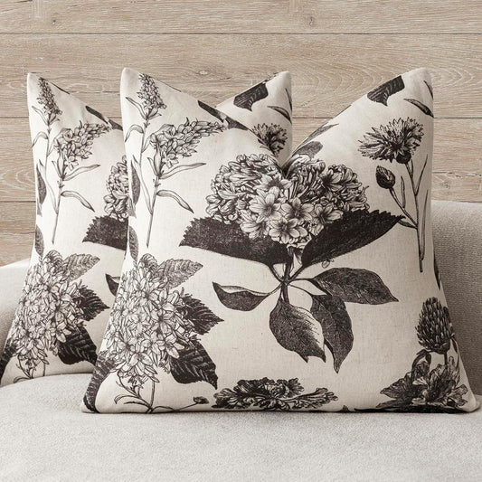 Foindtower Set of 2 Linen Floral Vintage Throw Pillow Covers Neutral Accent Print Decorative Cushion Covers Farmhouse Boho Home Decor for Sofa Chair Couch Bedroom Living Room,18×18 Inch,Black