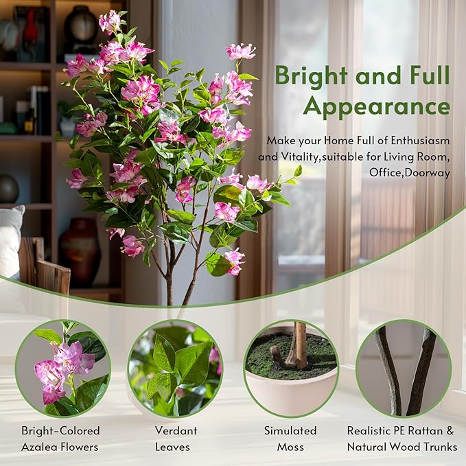 4FT Artificial Bougainvillea Tree Artificial Tree Tall Potted Fake Bougainvillea Trees for Outdoor Indoor Lifelike Potted Faux Plants with Wood Trunk and Flowers Office Wedding Home Decor
