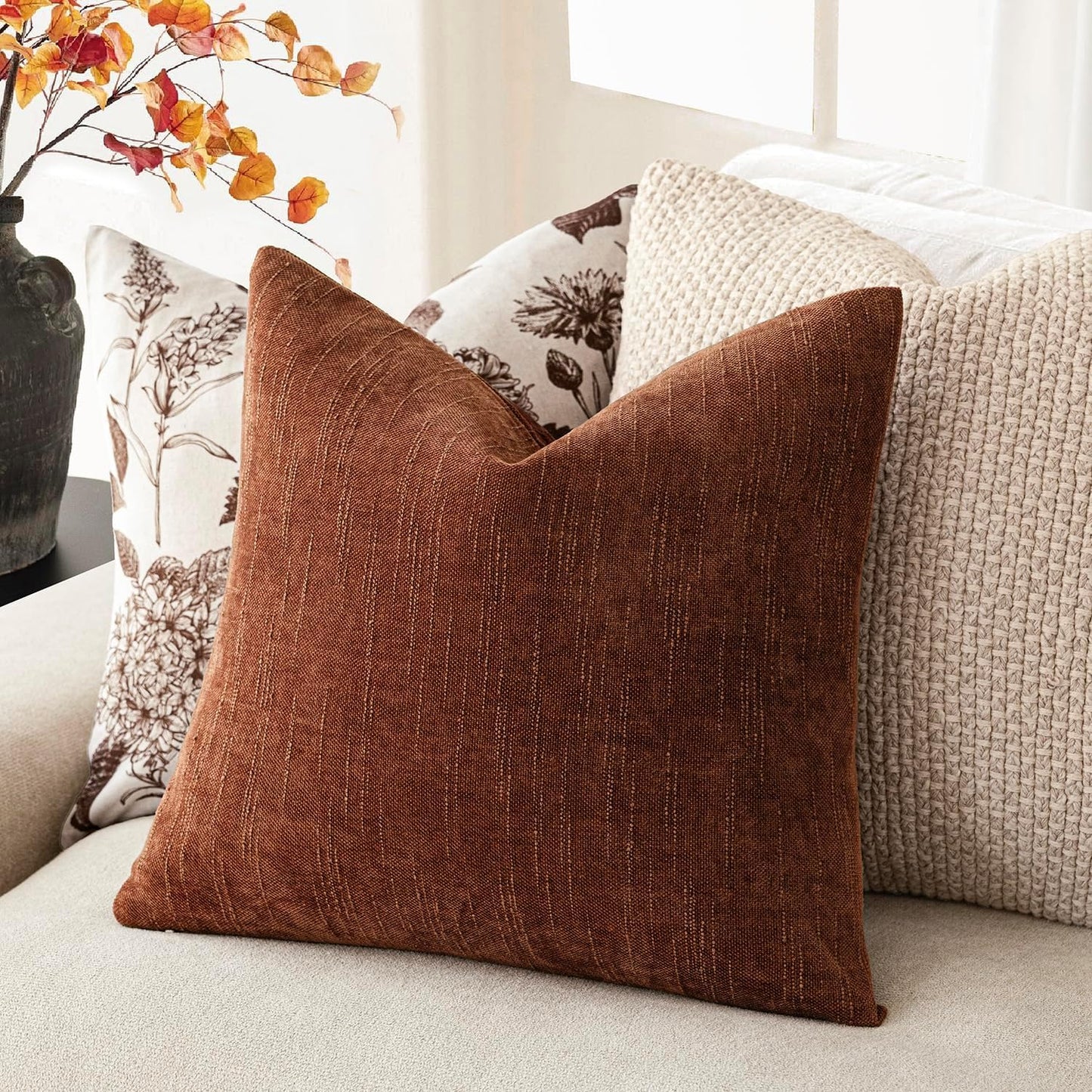 Foindtower Pack of 2 Soft Textured Chenille Throw Decorative Pillow Covers Square Accent Solid Cushion Cover Cozy Neutral Farmhouse Pillow Case for Couch Sofa Bedroom Living Room 24x24 Inch,Red Taupe