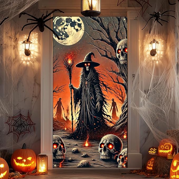 IVN Halloween Door Cover Grim Reaper Witch Scythe Skulls Full Moon Haunted Decor Doors Banner 35x71 Inch Backdrop Decoration for Spooky Events For Girls or boys gifts Banners Dedcrations