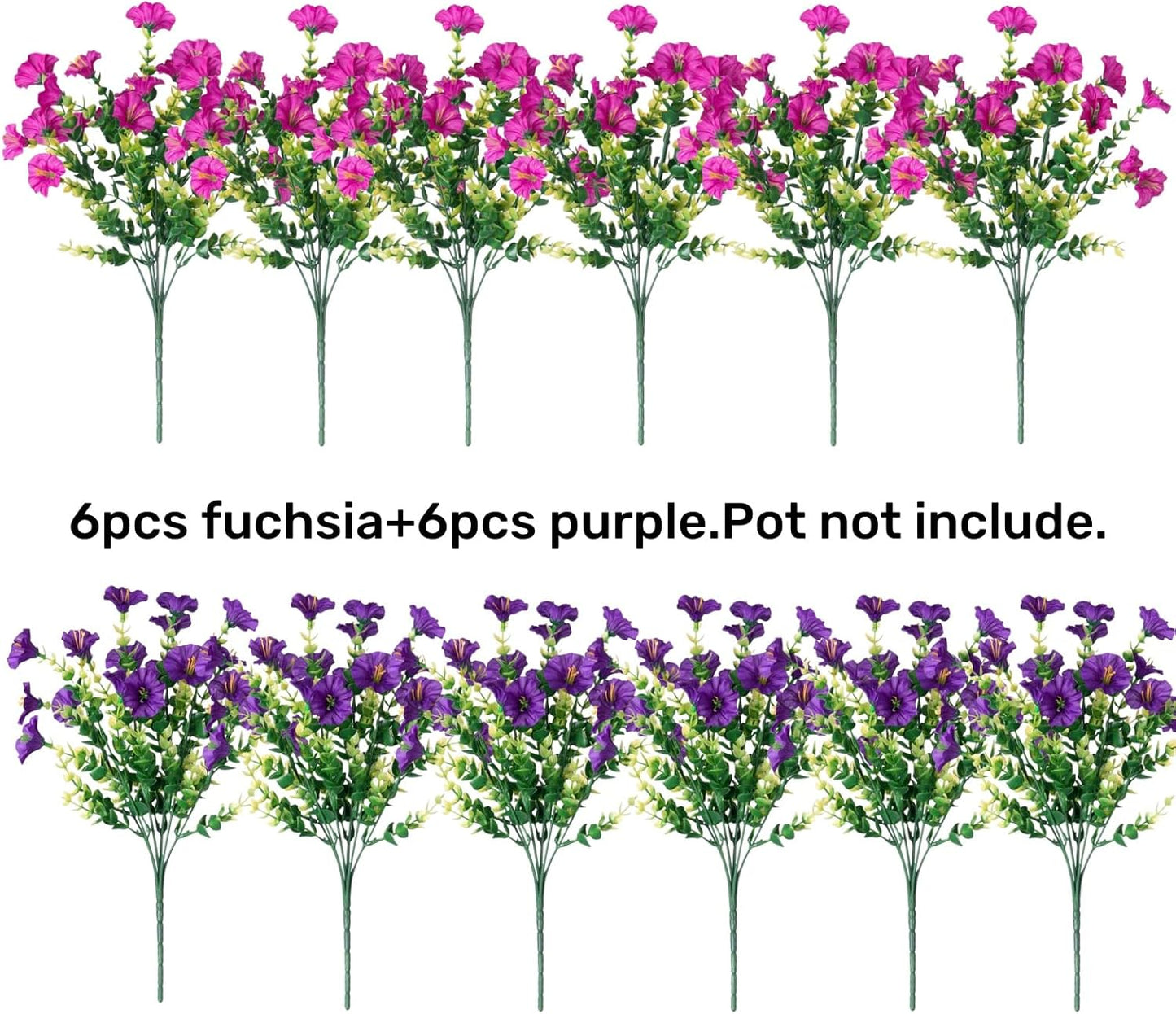 HyeFlora Artificial Flowers for Outdoors Fake Plants Outside Decoration, 12 Bundles Silk Colorful Morning Glory with Eucalyptus UV Resistant Realistic Faux Flowers for Planter Porch Patio Yard Garden