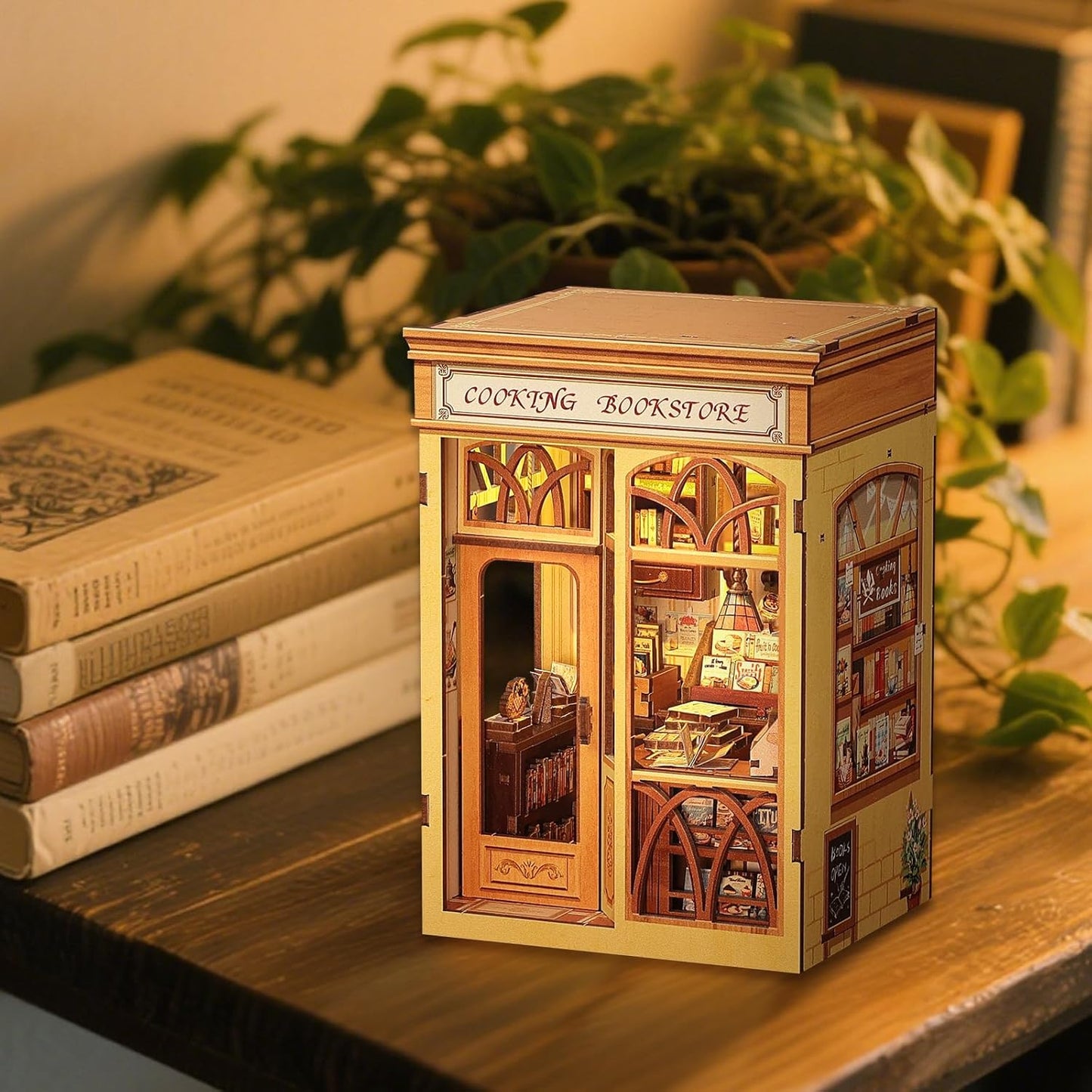 Cutefun Book Nook Kit - DIY Miniature Dollhouse Kit 3D Creative Decorative Bookend 3D Wooden Puzzle for Adults, Bookshelf Insert Library Decor with LED Light (Cooking Bookstore)
