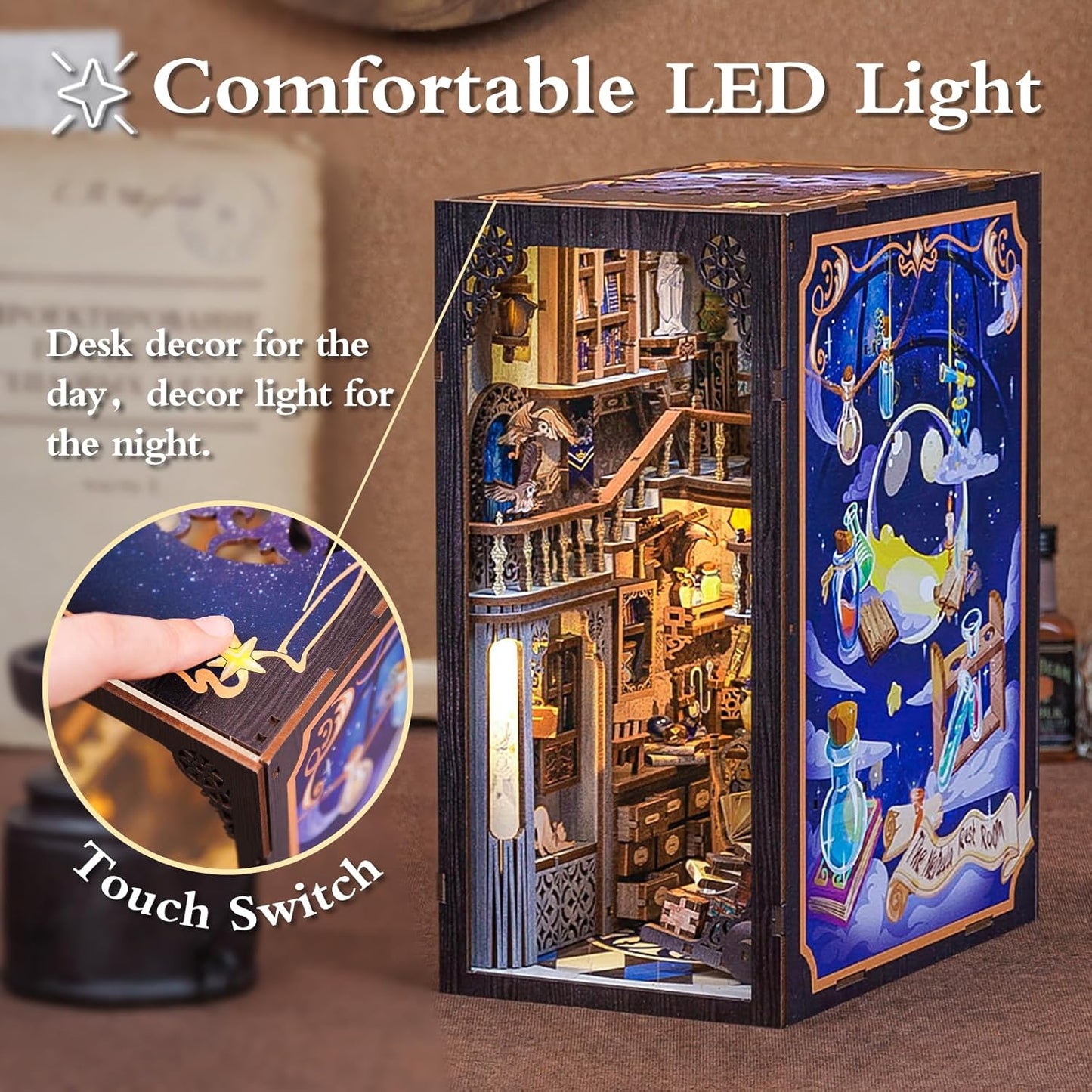 Fsolis Book Nook Kit DIY Miniature House Kit, 3D Wooden Puzzles for Adults, 350pcs, Booknook Magic Bookshelf Decor Decoratvie Bookends Tiny House Gifts for Women Teens Book Lovers(Nebula Common Room)