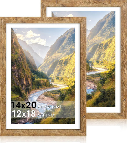 iRahmen 14x20 Picture Frame Set of 2, Brown Rustic Wood Poster Frame with Plexiglass, Display 12x18 Pictures with Mat or 14 x 20 Without Mat for Horizontal or Vertical Wall Mounting