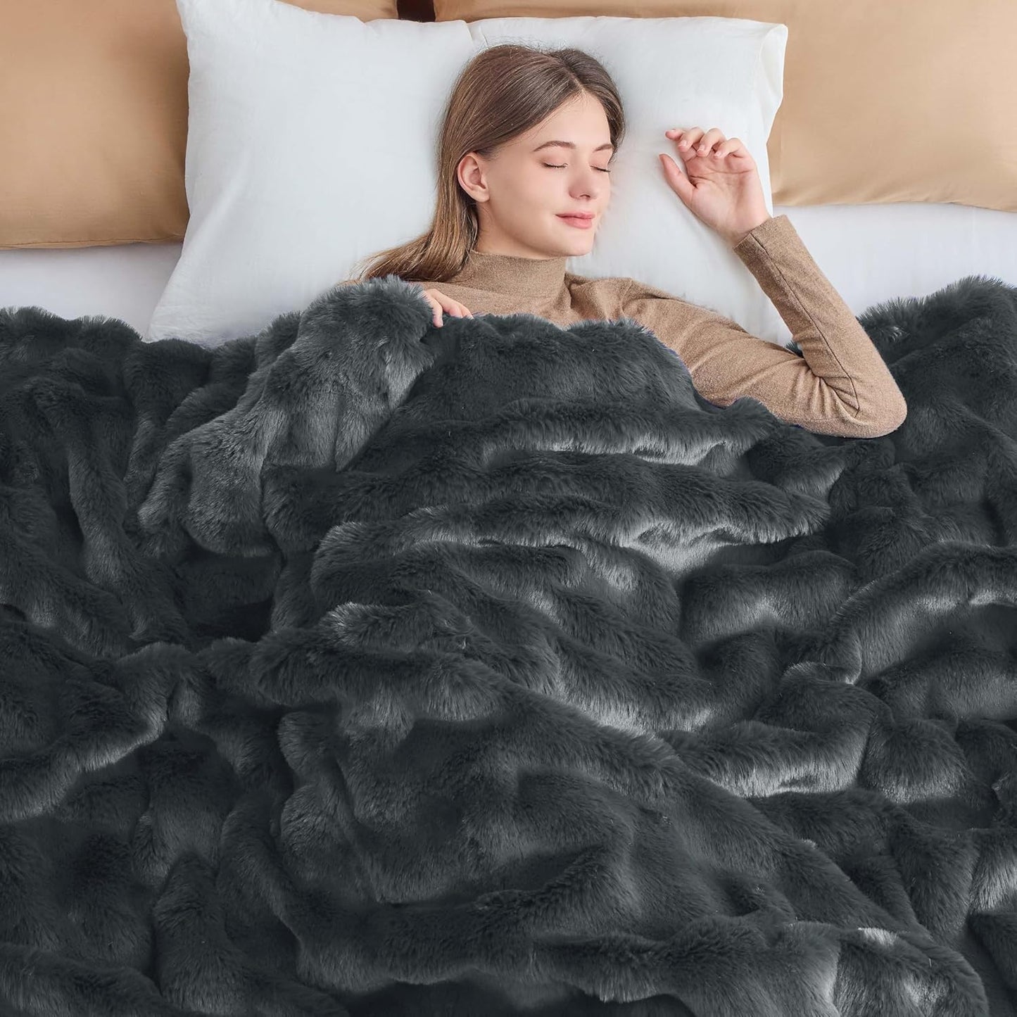 Luxury Faux Rabbit Fur Throw Blanket, Soft Bubble Fluffy Blanket Cozy Fuzzy Throw Blankets for Bed Sofa Couch, Decorative Thick Warm Plush Fuzzy Elegant Soft Mink Blanket (50" x 60", Grey)