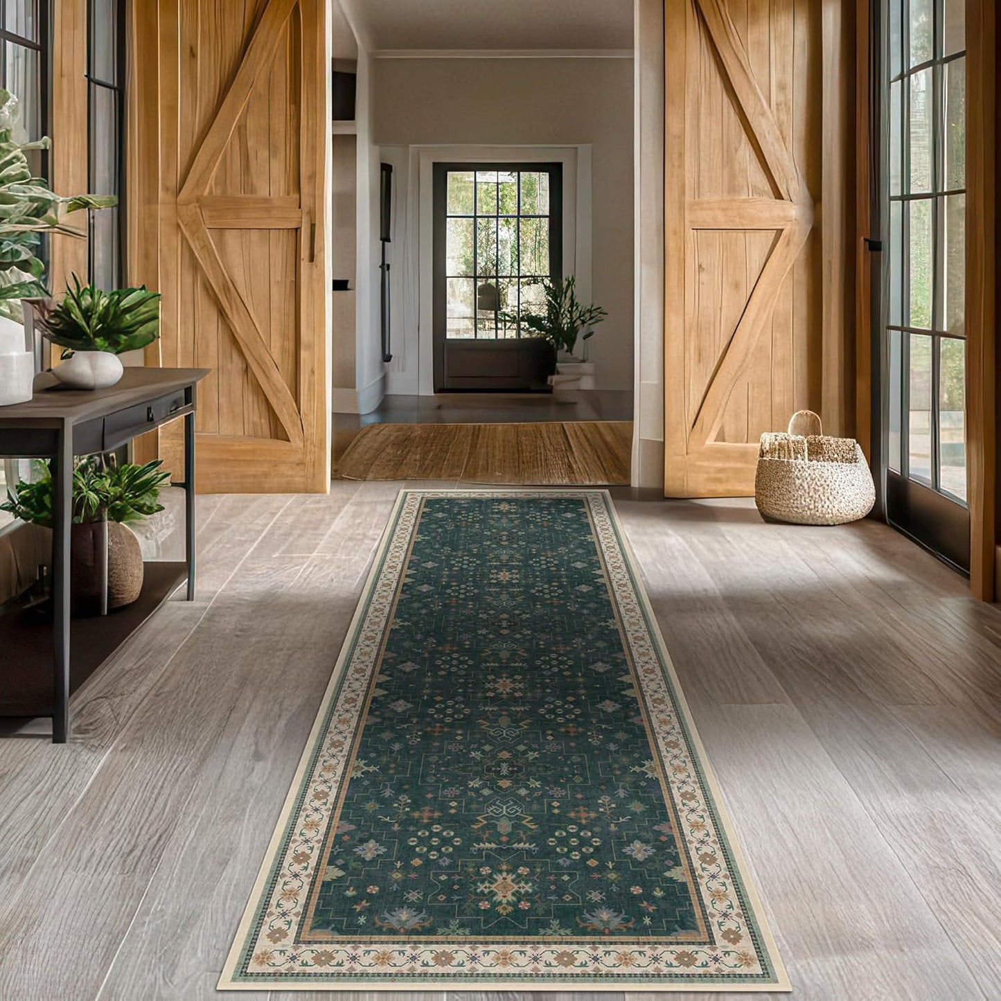 Dark Green Washable 2'6"x10' Long Runner Rugs for Hallway, Non Skid 10ft Indoor Rugs for Entryway, Stain Resistant Low Pile Carpet Boho Indoor Décor