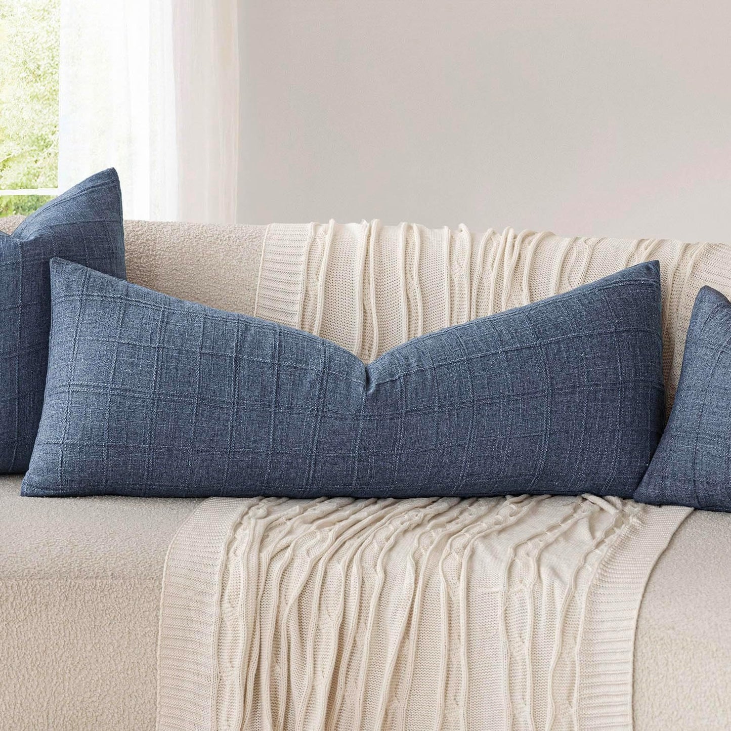 Foindtower Set of 2 Decorative Linen Check Throw Pillow Covers Neutral Long Body Lumbar Cushion Covers Farmhouse Vintage Home Decor for Sofa Chair Couch Bedroom Living Room,14×36 Inch,Blue