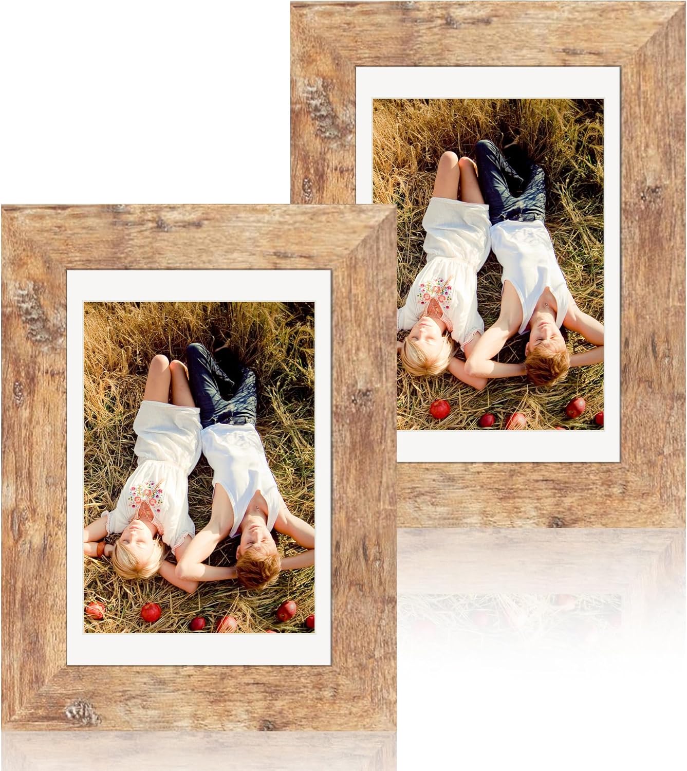 iRahmen 4x6 Picture Frame Set of 2, Wood Rustic Brown Frame with High Definition Glass, Display Pictures 3.5x5 with Mat or 4 x 6 without Mat for Tabletop Display and Wall Mounting