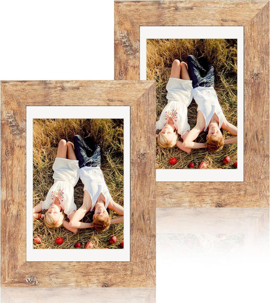 iRahmen 4x6 Picture Frame Set of 2, Wood Rustic Brown Frame with High Definition Glass, Display Pictures 3.5x5 with Mat or 4 x 6 without Mat for Tabletop Display and Wall Mounting