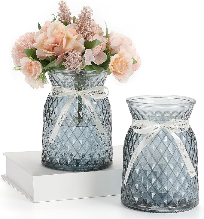 SOJOCK 2PACK Glass Flower Vases(Flowers NOT Included),6.3" High Diamond Pattern Vases,Vintage Vases for Centrepieces,Wedding Decorations,Home Table Flower Decorations