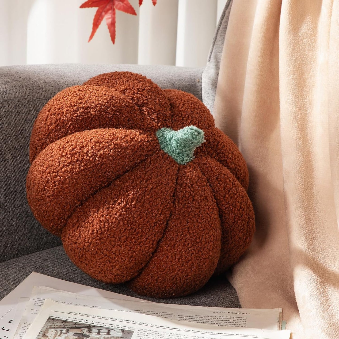 Kajaia 1 Pcs Simulated Pumpkin Pillow Plush 11 x 9.5 Inch 3D Cushion Fall Decorations Stuffed Throw Pillows Toy for Thanksgiving Christmas Halloween Bedroom Sofa Couch Supplies (Brown)