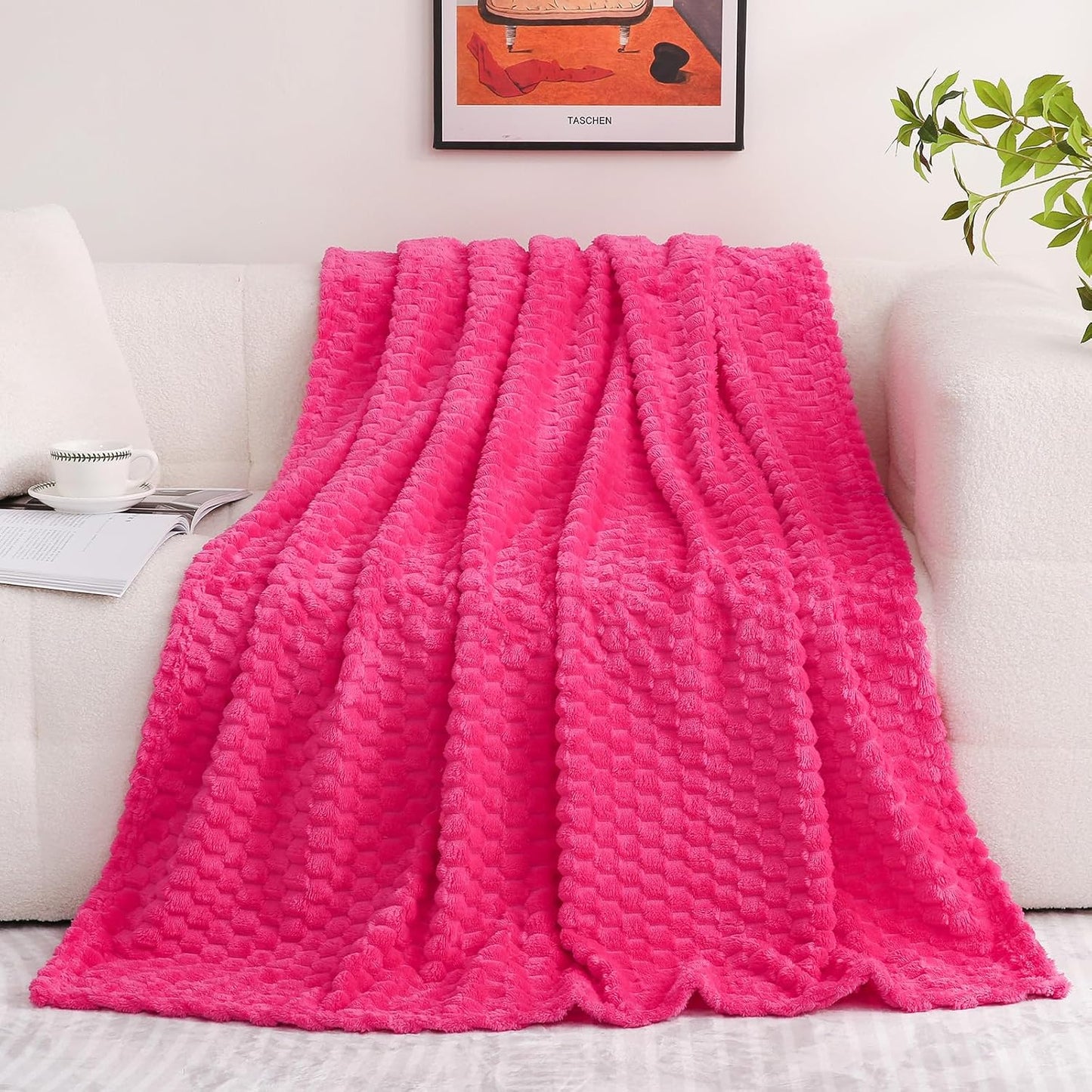 Hot Pink Throw Blanket 50"×70" inches Gifts for Mom Fuzzy 3D Jacquard Decorative Flannel Fleece Super Soft Plush Cozy Blanket for Couch Sofa Chair Lightweight