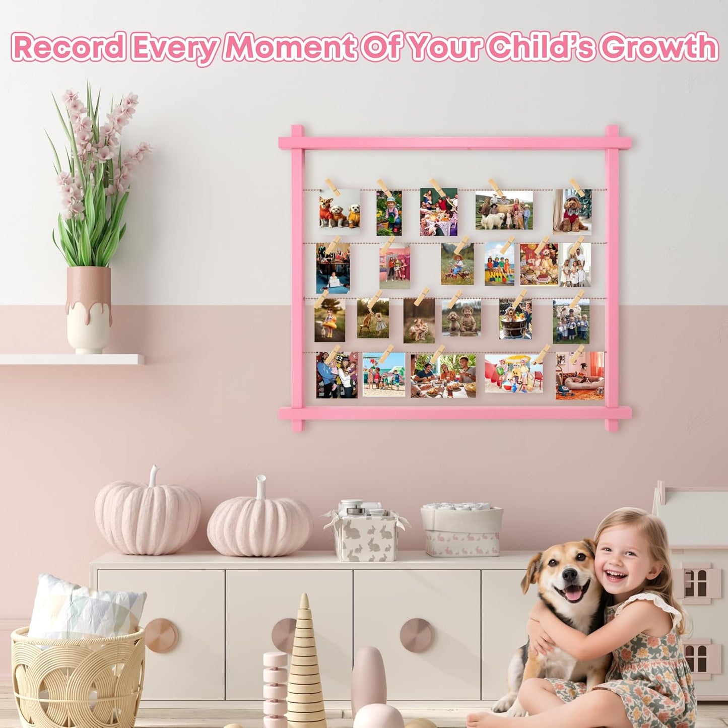 Collage Picture Frame for Nursery,Photo Display Board for Kids,Hanging Pictures Frames with Clips for Kid Graduation Birthday Party,Children Room Wall Decor,Upgraded,Easy To Assemble,Large(Pink)