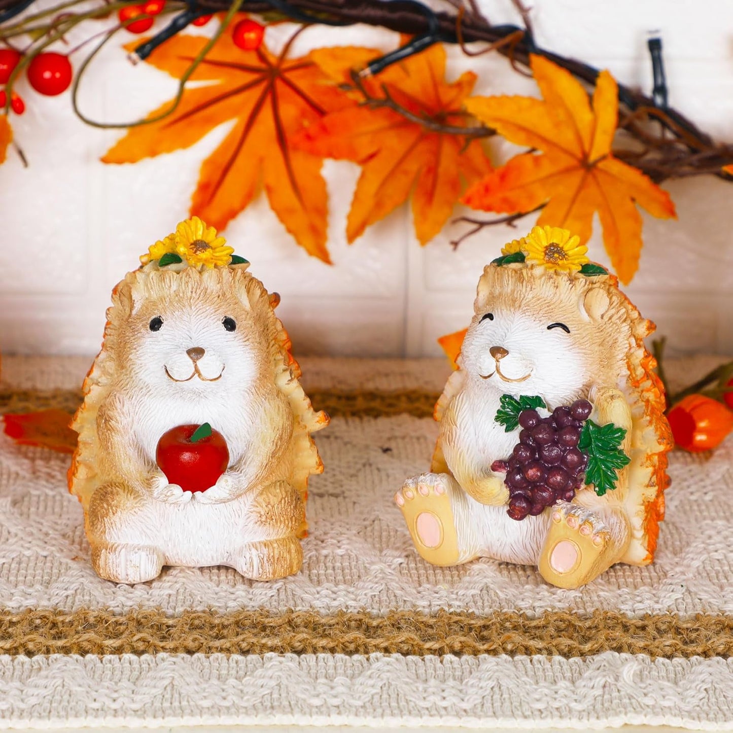 Lulu Home Fall Decorations for Home, 2 Packs Harvest Hedgehog Resin Sculpture with Maple Leaves & Fruits, Autumn Tabletop Ornaments Craft Decor for Thanksgiving and Fall Season