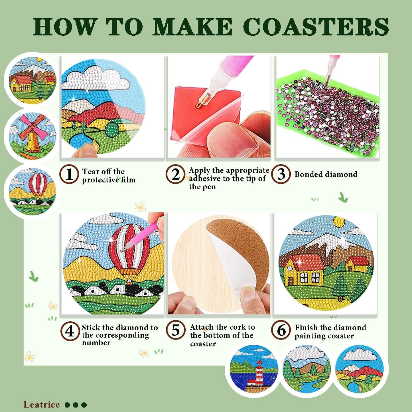 Leatrice 6PCS Diamond Art Coasters Small Diamond Painting Kits for Adults Diamond Dots Round Full Drill Diamond Coasters with Holder Easy Art Crafts for Beginners Women Cartoon