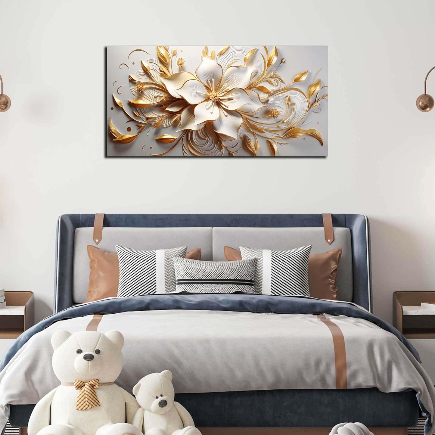 Flower Painting Wall Decor Living Room White and Gold Wall Art for Bedroom Modern Art Wall Decor Office Size 20" x 40"