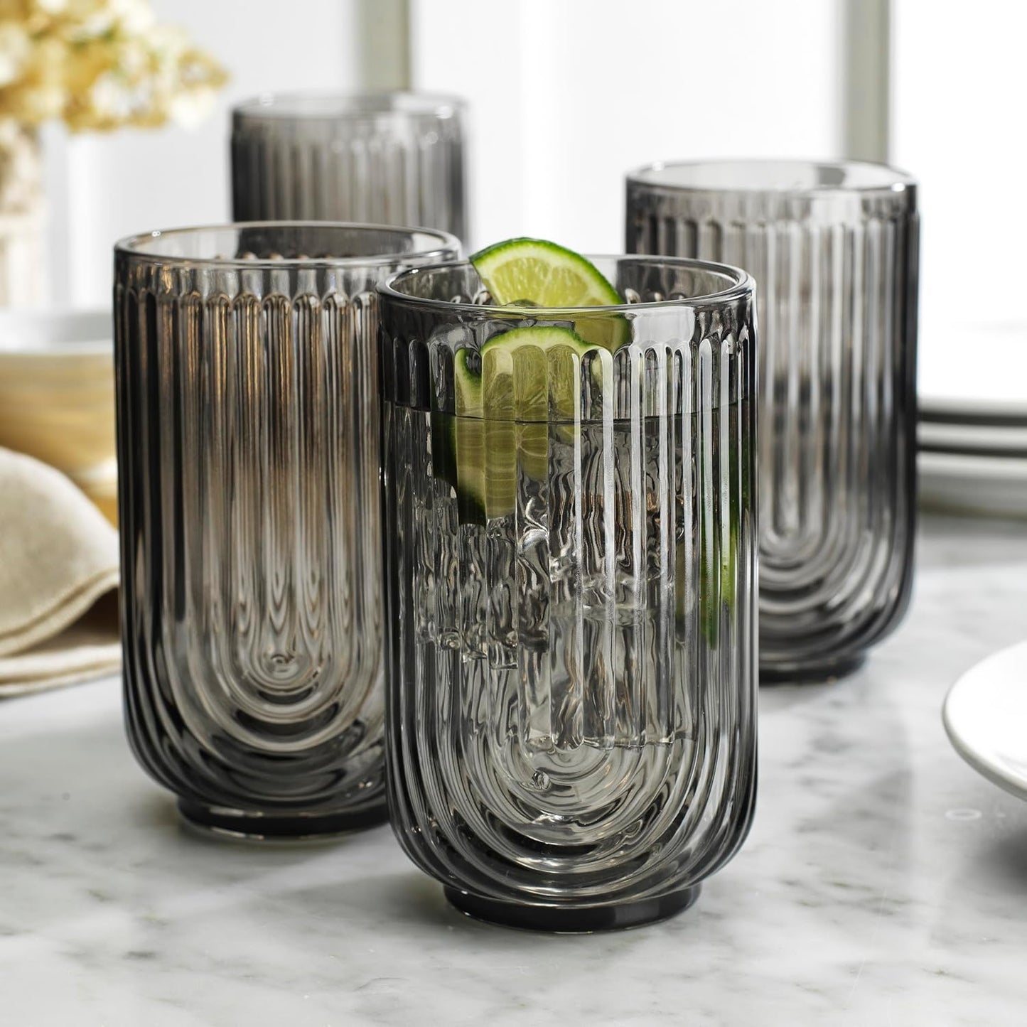 Glaver's Vintage Glassware Art Deco Glasse Ribbed Drinking Glasses U-Shape Arch Design Colored Cocktail Kitchen Tumblers Everyday Dinner Decorative Party (Smoke S/4 17oz)