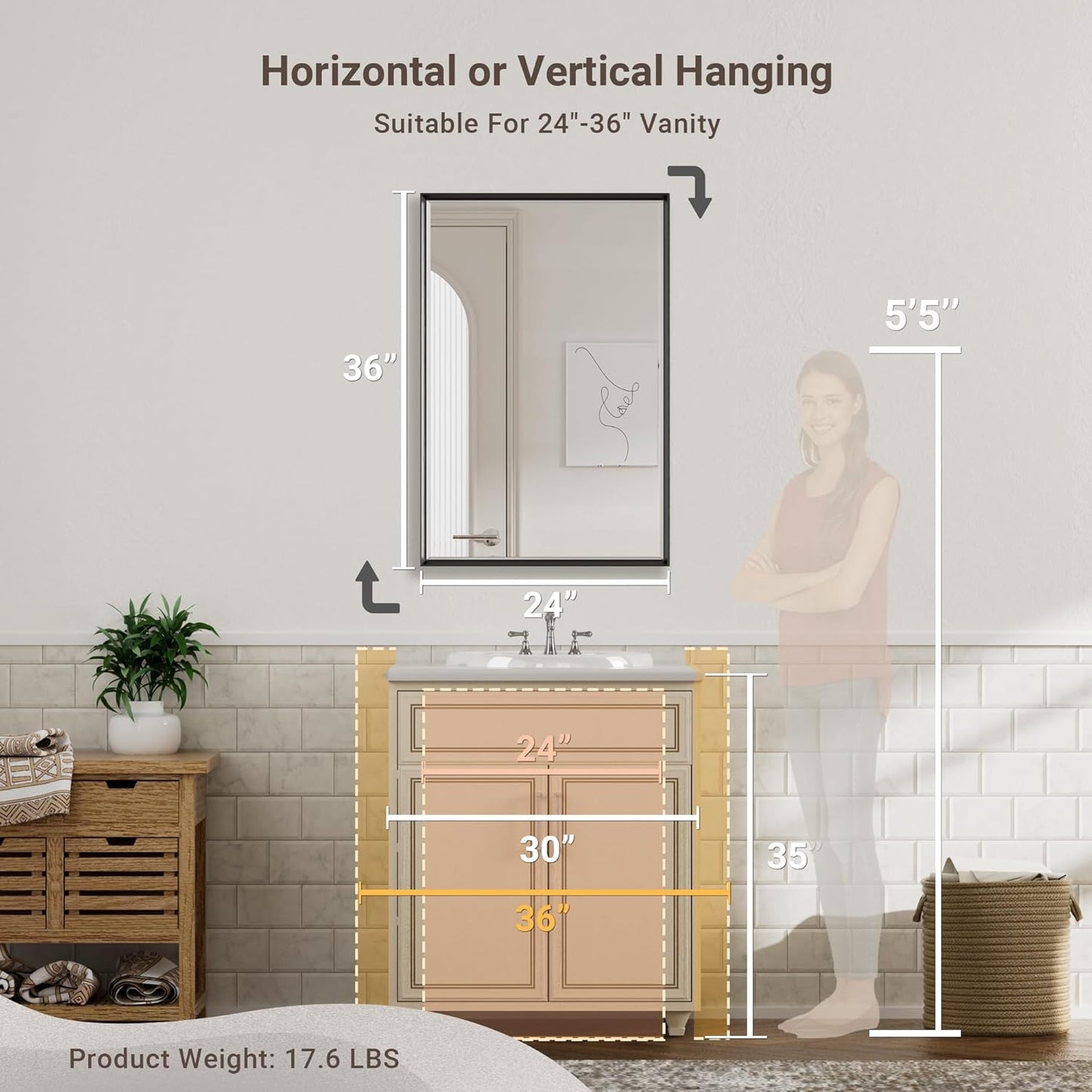 Black Framed Mirror for Bathroom, 24x36 Inch Black Rectangle Beveled Bathroom Vanity Mirror, Anti-Rust Matte Black Metal Frame Mirror for Wall, Vertical/Horizontal Wall-Mounted Mirrors