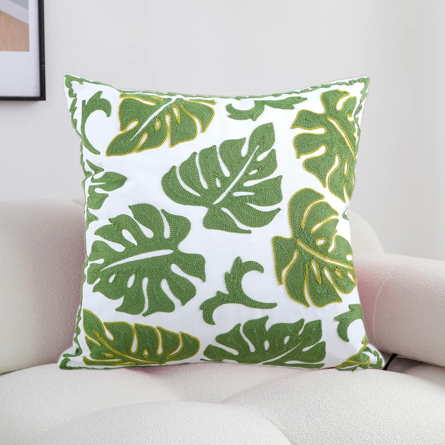Embroidery Throw Pillow Cover 18x18 Tropical Leaves Home Decor Monstera Leaf Embroidered Green Floor Pillow Cover for Couch Sofa Chair 100% Cotton Cushion Cover Pillow Case 45x45cm, 1 Piece