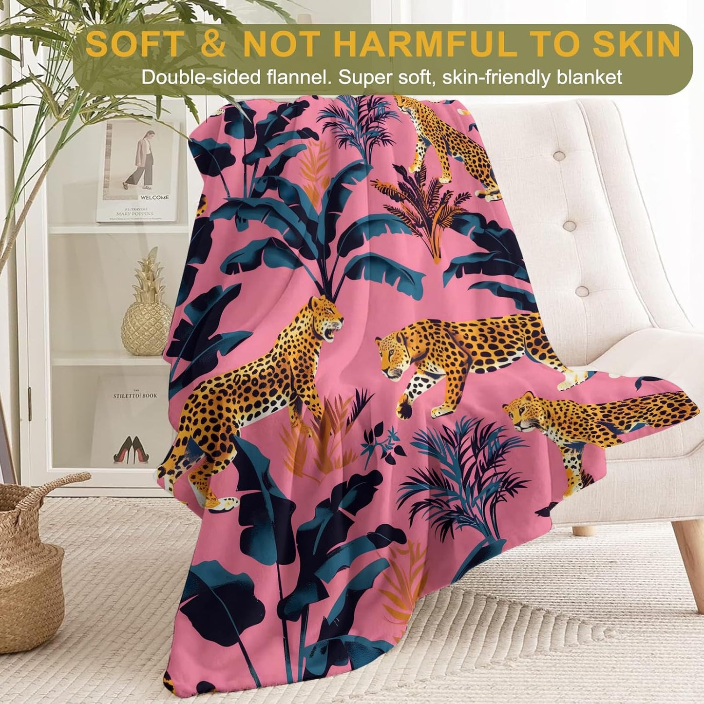 Leopard and Tropical Leaves Flannel Blanket - Lightweight Soft Cozy Unique Gifts Blankets for Jungle Lovers,Kids,Adult,Women,Vibrant Pink Art Throw,Home Room Modern Decor 40x50in