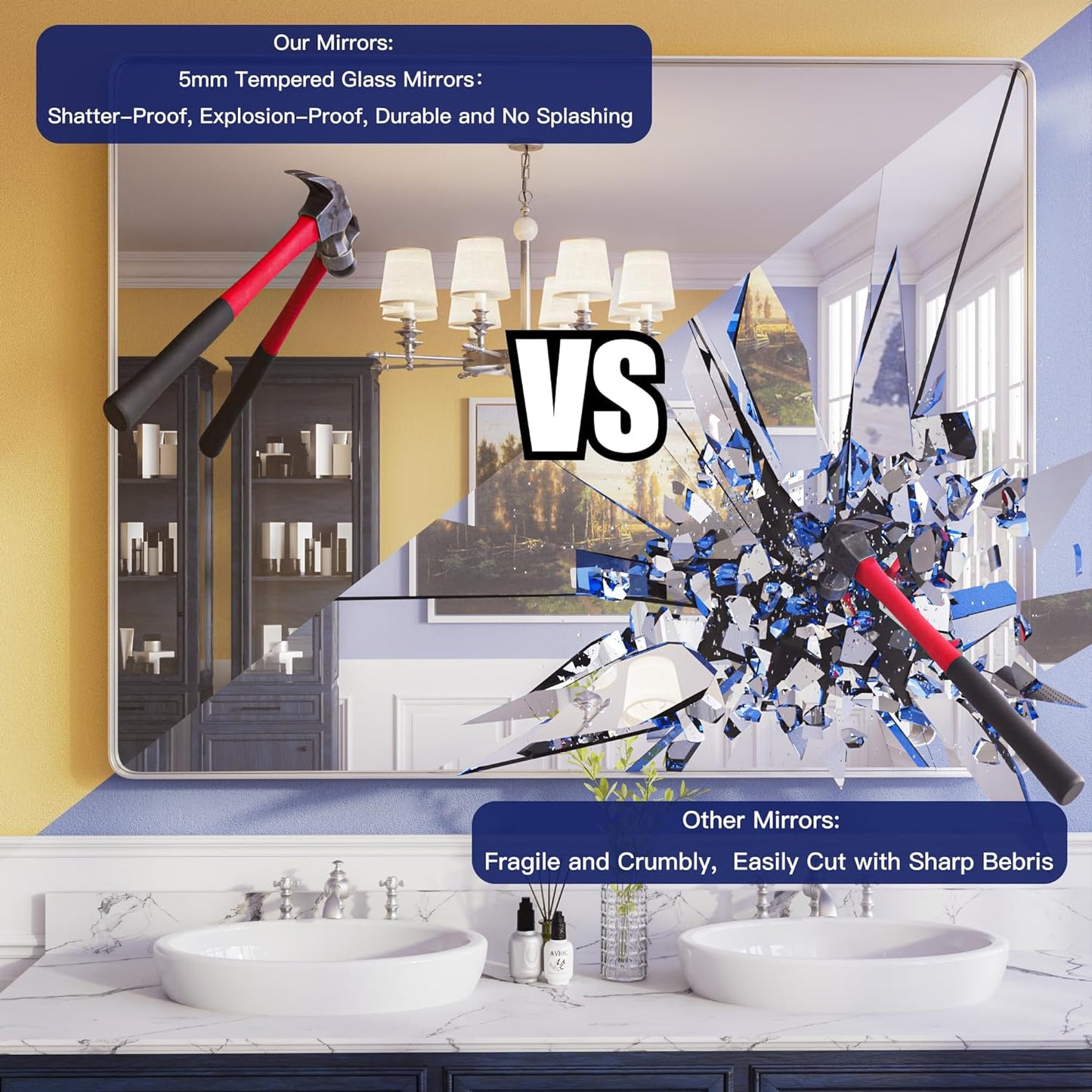 ISKM Black Bathroom Mirror for Wall 44" x 36" Matte Black Framed Vanity Mirror, Shatter-Proof, Tempered Glass, Rounded Rectangle Mirror(Horizontal/Vertical)