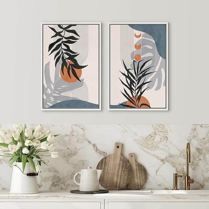 SIGNFORD Framed Canvas Print Wall Art Forest Plant Silhouettes & Mid-Century Symbols Abstract Shapes Illustrations Modern Boho Nature Chic for Living Room, Bedroom, Office - 16"x24"x2 White