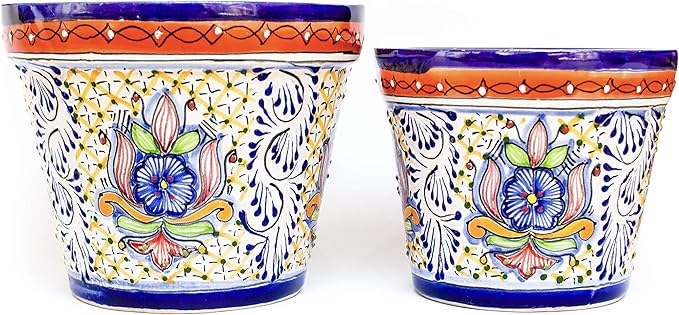 Fiesta Brands Talavera Mexican Pottery Planters Medium and Small Cobalt Talavera Succulent Planter Set of 2 (6 in Diam x 4.5 in Tall and 5 in Diam x 4 in Tall)