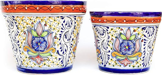 Fiesta Brands Talavera Mexican Pottery Planters Medium and Small Cobalt Talavera Succulent Planter Set of 2 (6 in Diam x 4.5 in Tall and 5 in Diam x 4 in Tall)