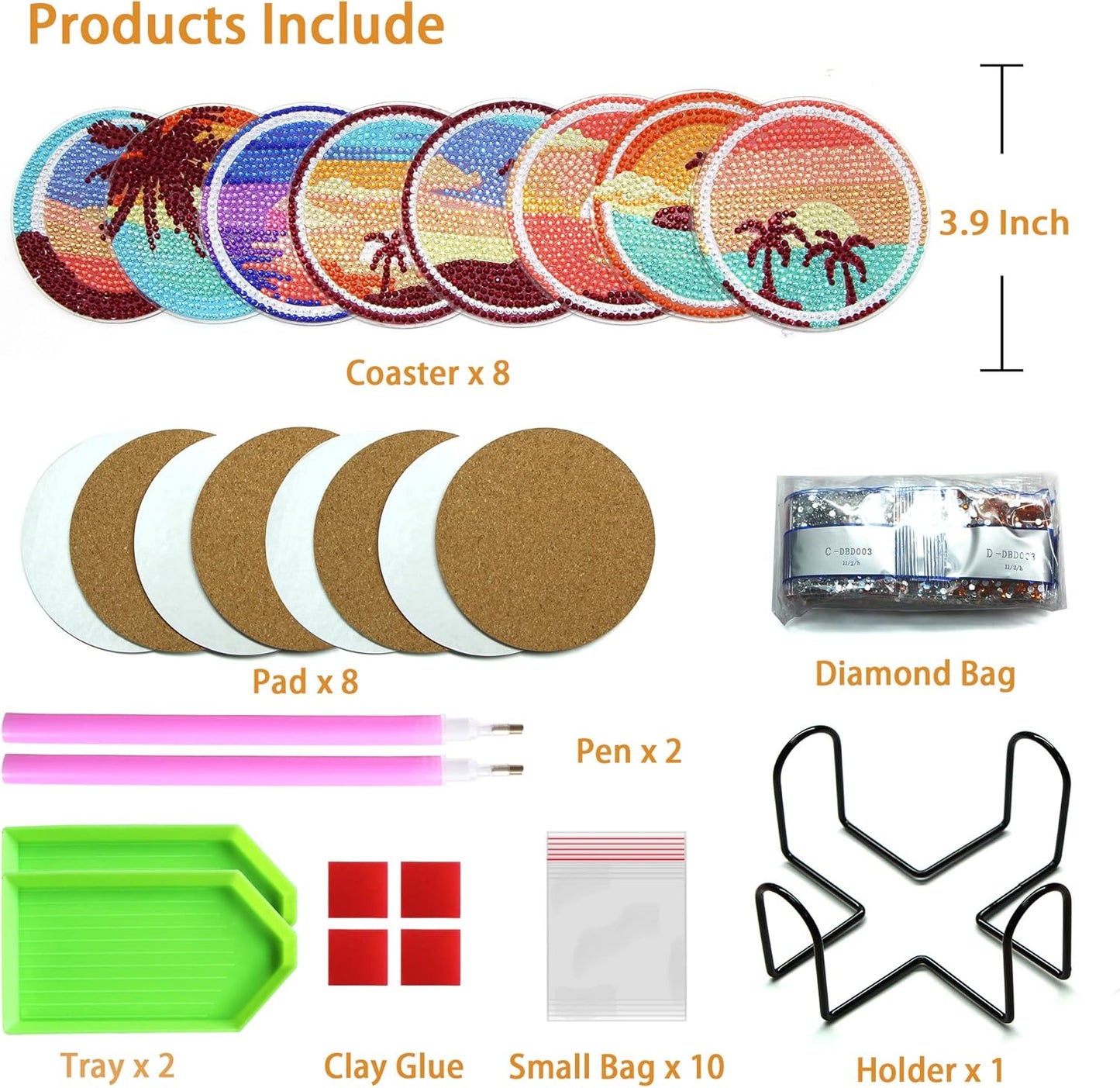 Diamond Art Coasters Kit with Holder, 8 Pcs Diamond Art Coasters for Adults Kids Beginners Crafts Gifts (Setting-Sun)