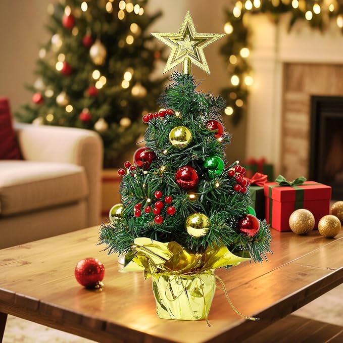 Tabletop Christmas Tree with LED String Lights,22In Pre-Decorated Mini Artificial Christmas Tree for Desktop,Star Treetop and Colored Oranments for Home Indoor Holiday Christmas Decoration-Red