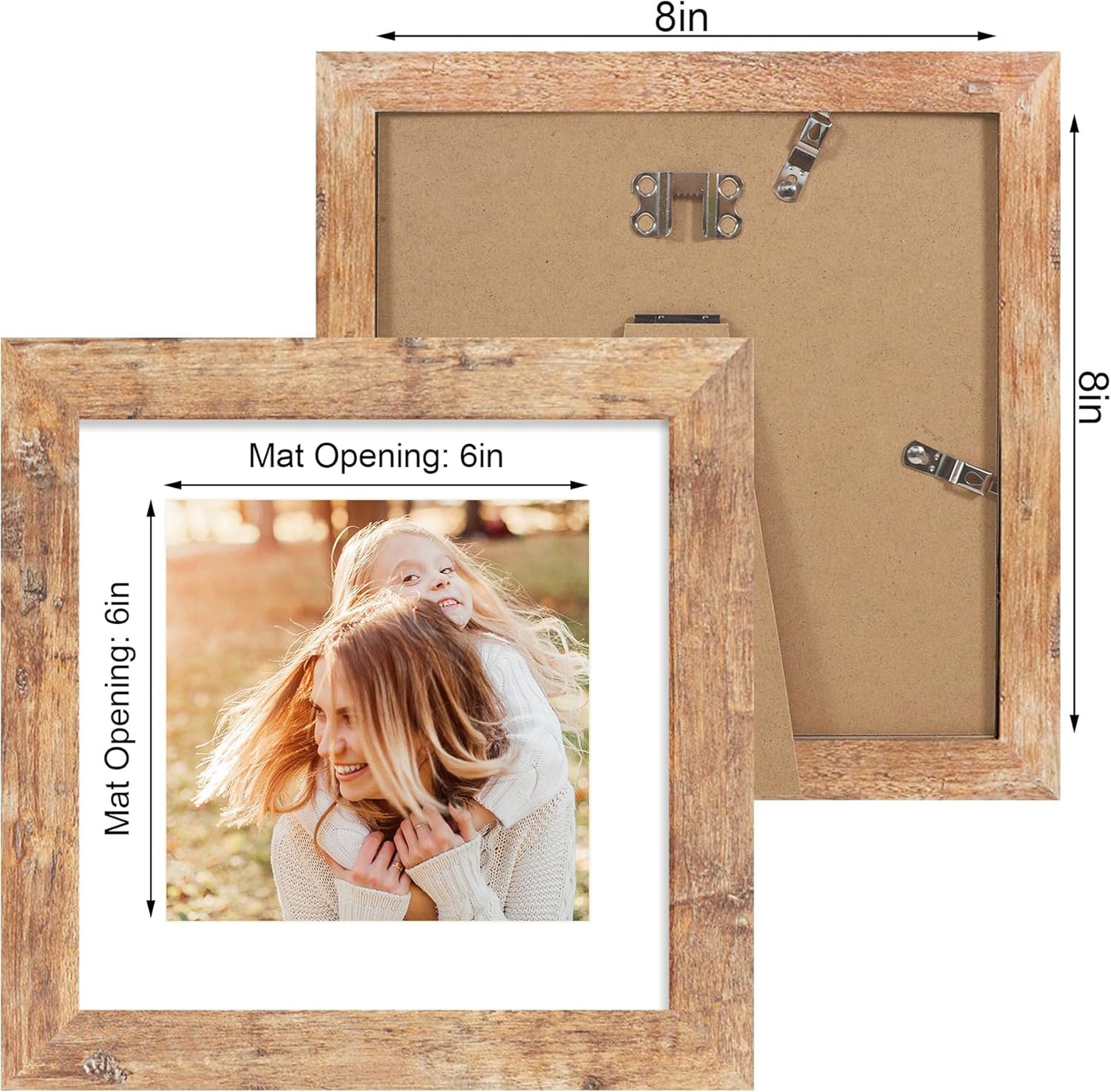 iRahmen 8x8 Picture Frame Set of 4 with HD Glass, Display 6x6 Pictures with Mat or 8 x 8 Without Mat, Square Wood Photo Frame for Wall Mount and Tabletop Display