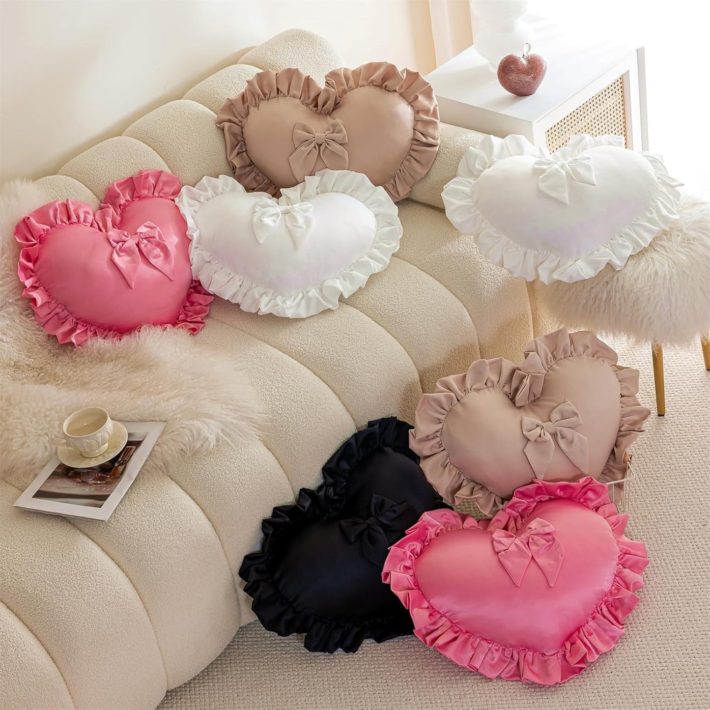 Heart Pillows, Cute Ruffled Heart Shaped Throw Pillows with Bow Soft Stuffed Love Decorative Pillow Cushion for Sofa Couch Bed Girl Room Chair Car Living Room, Rose Red
