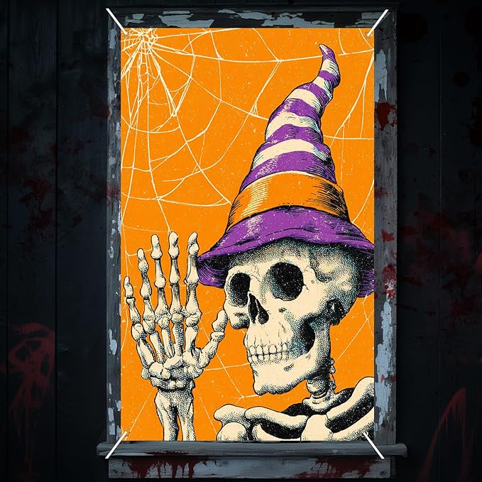Nuxovilar Halloween Window Decorations, Skull in Witch Hat Halloween Window Cover for Indoor, Party, Haunted House, 31.5x47.3 Inches