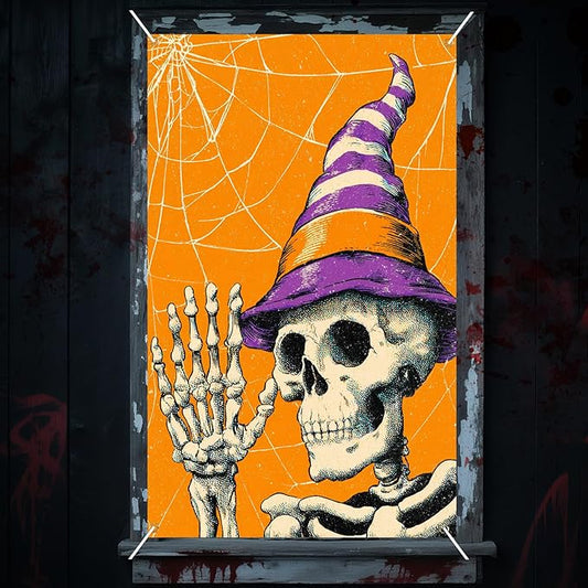 Nuxovilar Halloween Window Decorations, Skull in Witch Hat Halloween Window Cover for Indoor, Party, Haunted House, 31.5x47.3 Inches