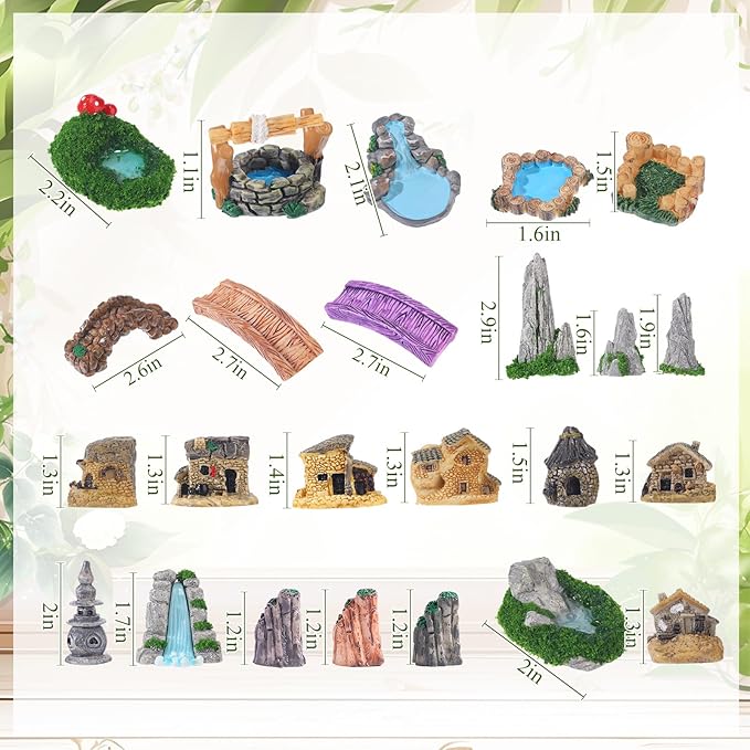 58 Pcs Miniature Garden Set Fairy House Bridge Rockery River Diorama Supplies Mini Terrarium Figurines Fairy Village Micro Landscape Ornament Model Trees for DIY Garden Decor Succulent Dollhouse Craft