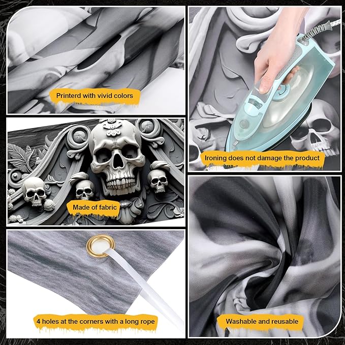 4 Pcs Halloween Cemetery Archway Door Cover Decoration Kit- Large Skeleton Front Door Banner Scary Gauze Cover for Indoor Outdoor Archway Garage Haunted House Party Trunk or Treat Car Decor