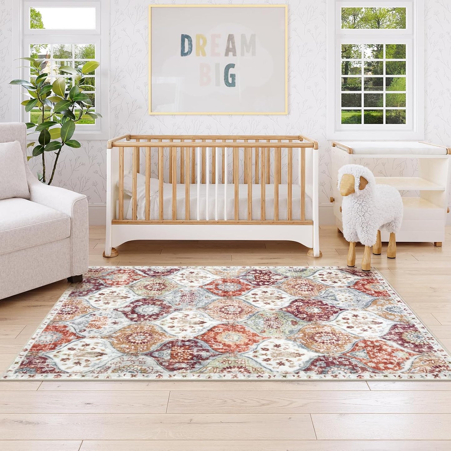 Lahome Moroccan Machine Washable Rugs for Living Room, 4x6 Rug for Bedroom Non-Slip Vintage Trellis Ultra-Thin Throw Carpet for Dining Room Office Nursery, Orange/Terracotta