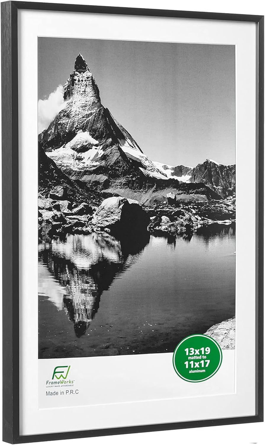 FrameWorks 13x19 Matted to 11x17 Picture Frame – Aluminum Frame w/Tempered Glass, Removable Mat for Photos, Posters, Art, Stylish Wall Frame for Home Decor, Gallery Walls, Office, Living Room - Black