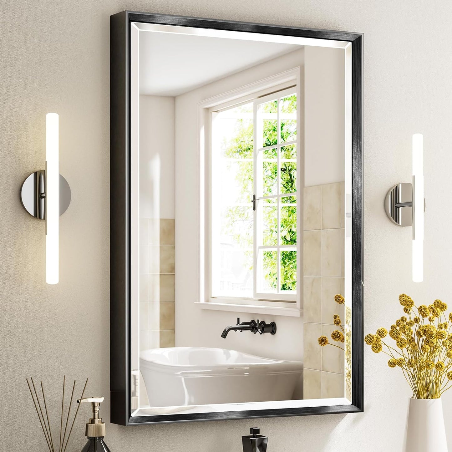 Black Framed Mirror for Bathroom, 24x36 Inch Black Rectangle Beveled Bathroom Vanity Mirror, Anti-Rust Matte Black Metal Frame Mirror for Wall, Vertical/Horizontal Wall-Mounted Mirrors