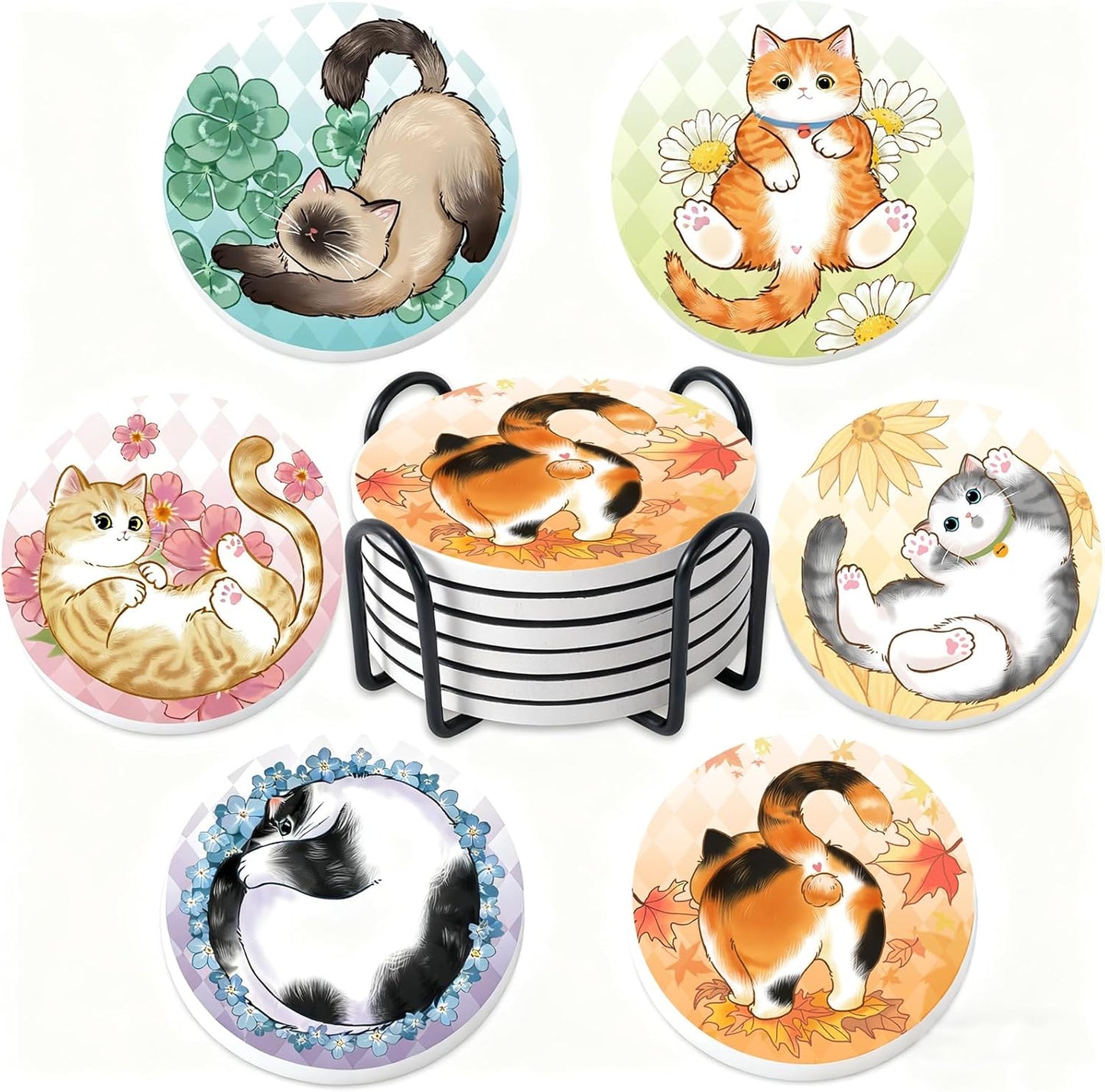 Coasters Absorbent Ceramic Coaster Drink Coasters with Cork Back Lazy Cats Set of 6 Round Coaster Non Slip for Coffee Table Wine Glass Home Bar 4 Inch, Cute