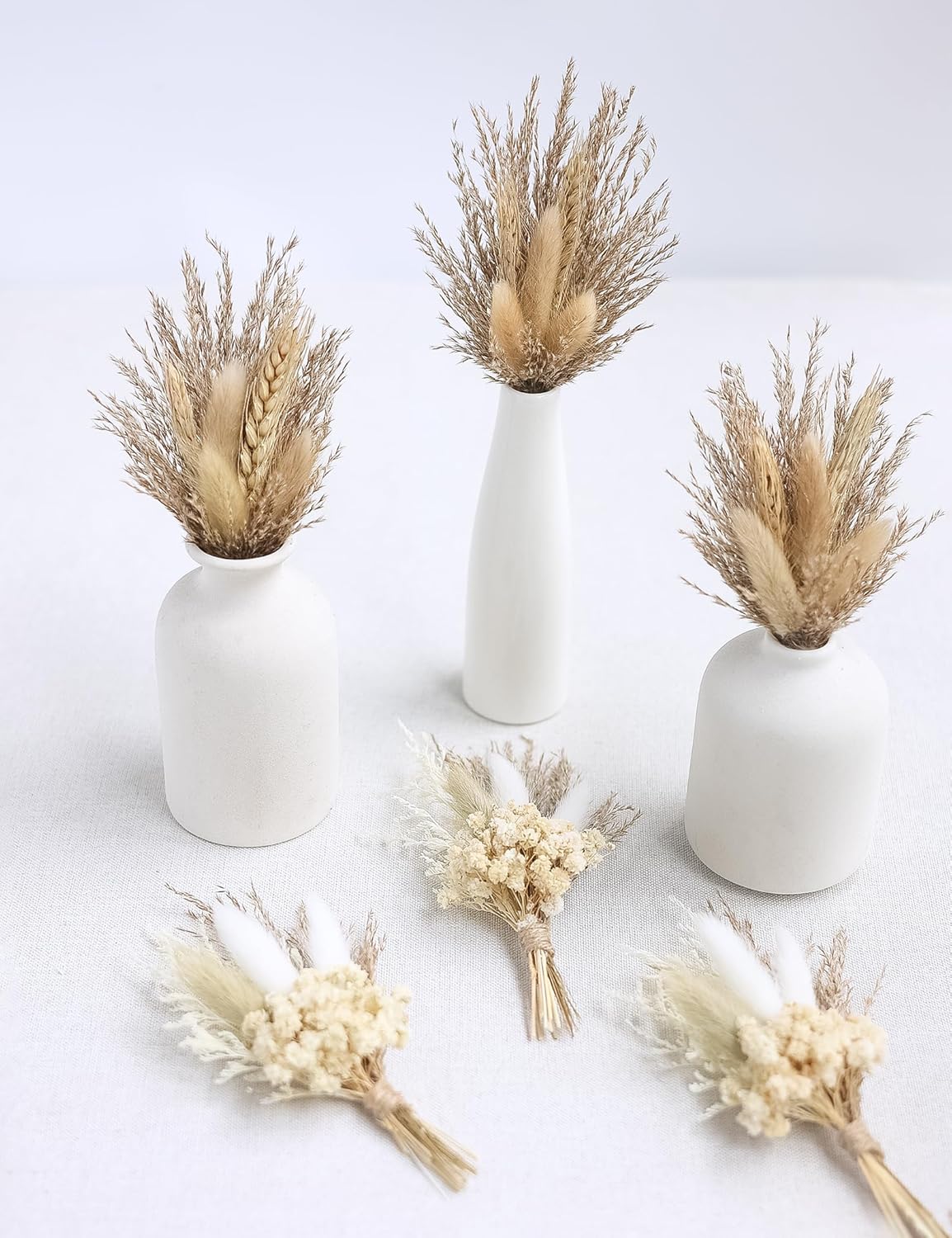 Mini Dried Flower Bouquet (Pack of 6), Dried Flower Bouquet for Boho Wedding Plate Decorations, Dried Pampas Grass, Groom and Best Man Boutonnieres, Dried Cake Flowers.(Grey)