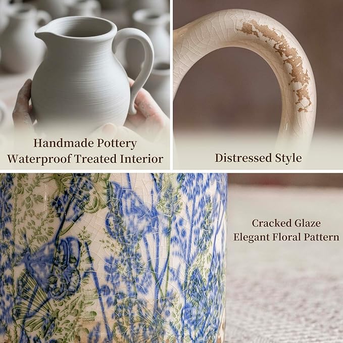 Navy Blue and Green Vintage Ceramic Floral Pitcher Vase, Rusitc Farmhouse Beige Decorative Flower Vase for Home Decor, Living Room, Rustic Table Centerpiece, Grand Millenial & Tuscan Decor 7.3 in