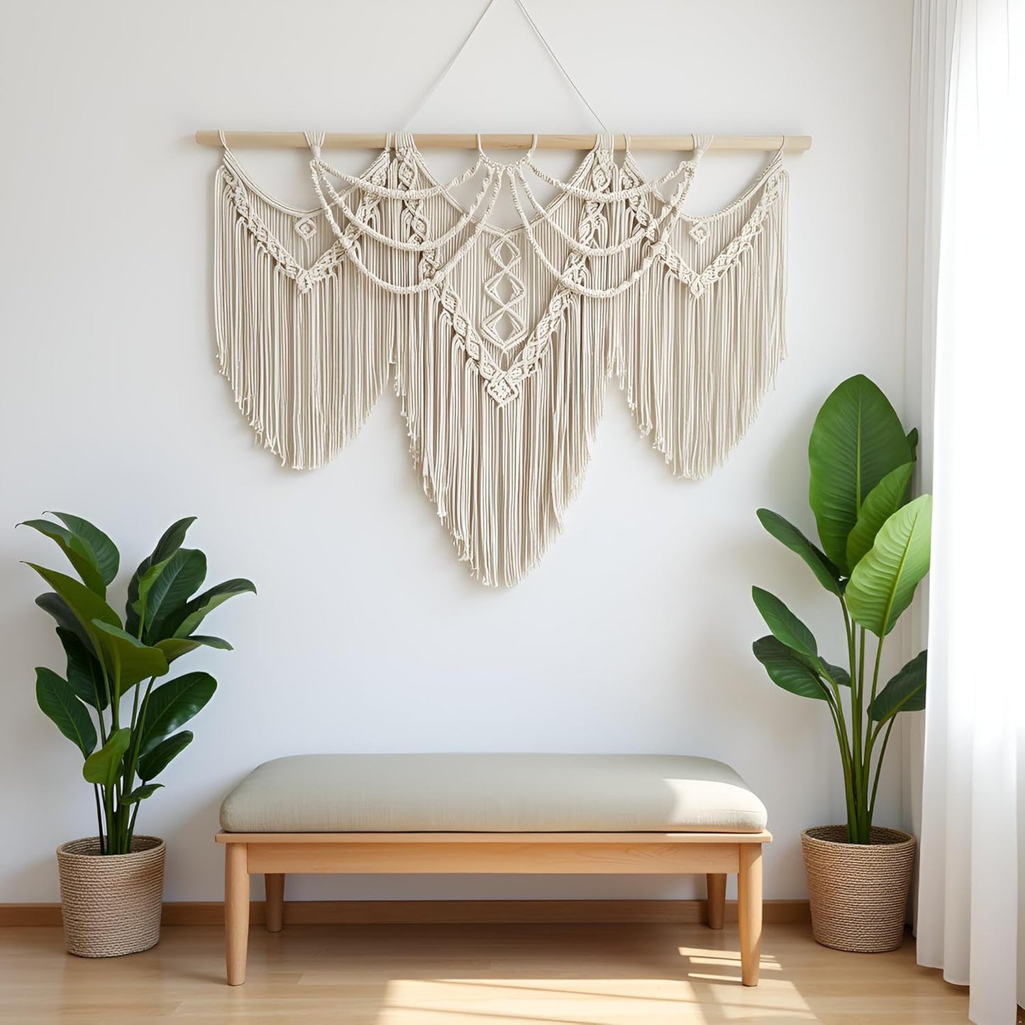 large macrame wall hanging - Boho Tapestry Macrame Wall Decor Art- Chic Bohemian Handmade Woven Tapestry Home Decoration for Bedroom Living Room Apartment Wedding Party - 43"x32" (Beige-fringe)