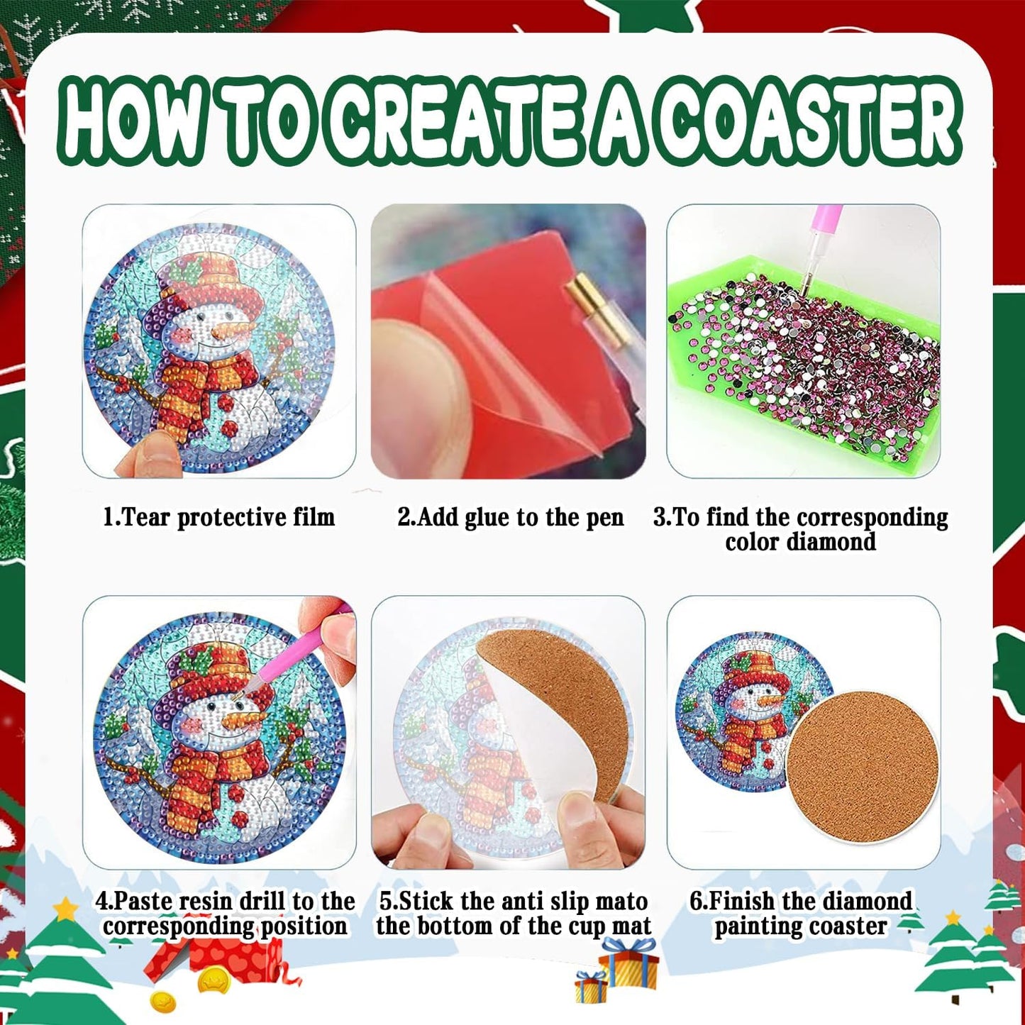 EWJRNSF 6 PCS 5D Diamond Painting Coasters Kits with Holder, Small Diamond Art Kits for Adults Beginners Diamond Dots Arts and Crafts Gems Supplies Item Christmas Style