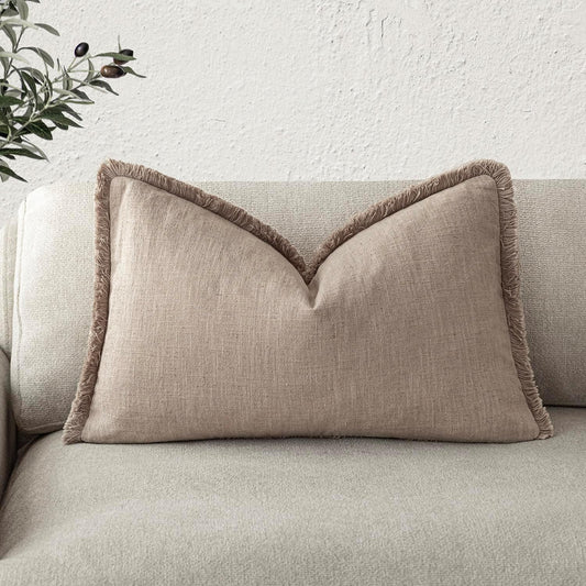 Foindtower Decorative Linen Fringe Lumbar Throw Pillow Covers Boho Farmhouse Cushion Cover with Tassel Soft Accent Pillowcase for Sofa Bed Living Room Home Decor, 12×24 Inch,1PC,Natural Linen