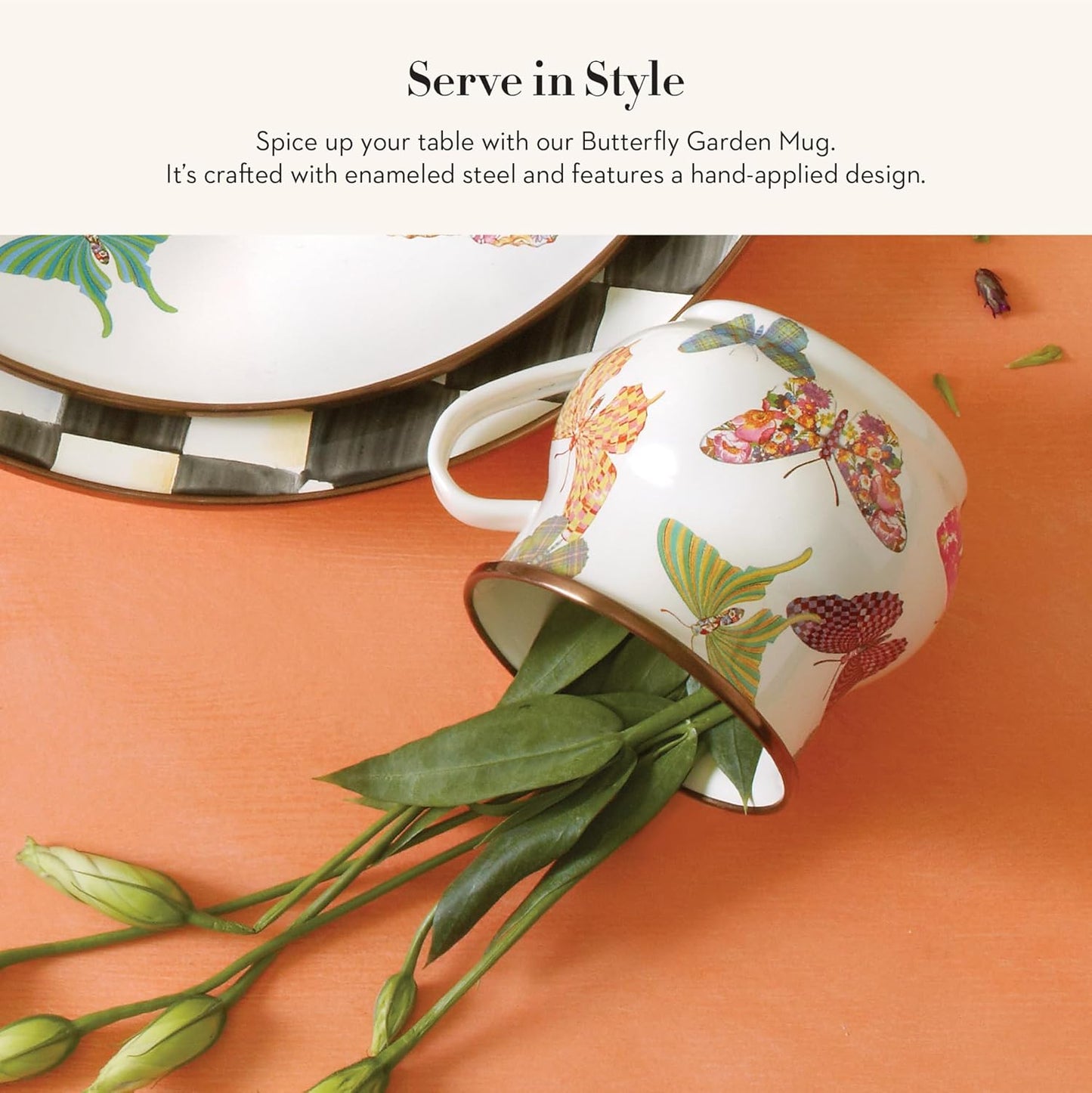 MACKENZIE-CHILDS Enamel Mug, Cute Enamelware Coffee and Tea Mug, Unique Drinkware, 16 Ounces, Butterfly Garden, Set of 1