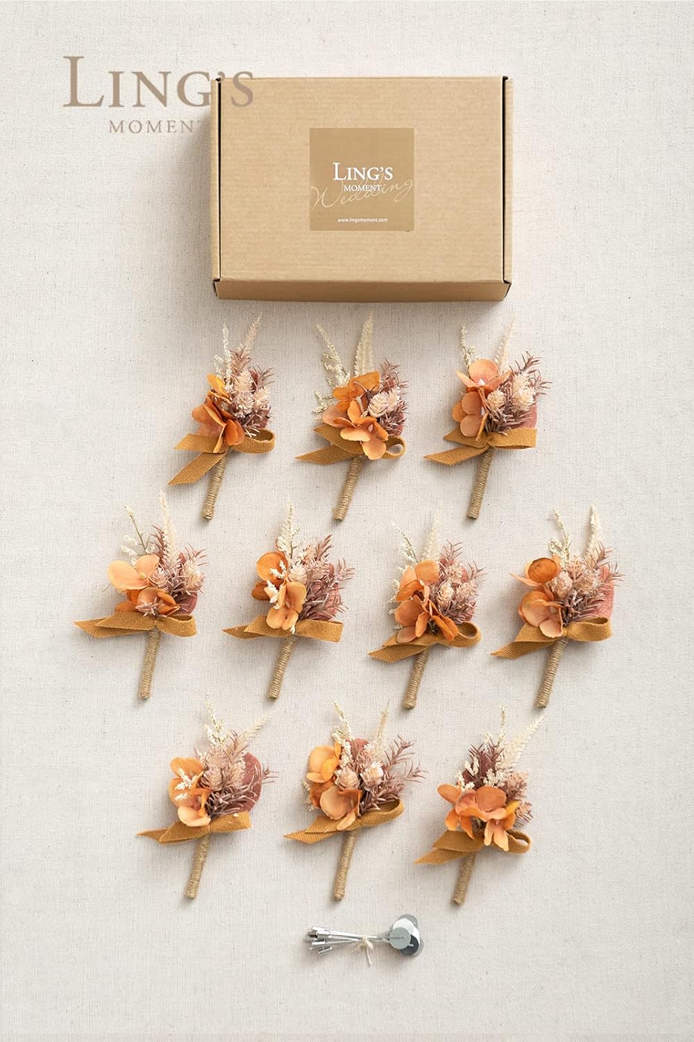 Ling's Moment Boutonniere for Men, 10pcs Groomsmen Guest Boutonniere, Artificial Flowers for Wedding Décor/Prom/Homecoming,etc.Boho Dried Burnt Orange