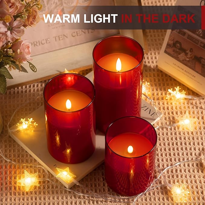Tyawon Glass Battery Operated LED Flameless Candles with Remote and Timer, Real Wax Candles Warm Color Flickering Light for Festival Wedding Home Party Decor(Pack of 3)-Red