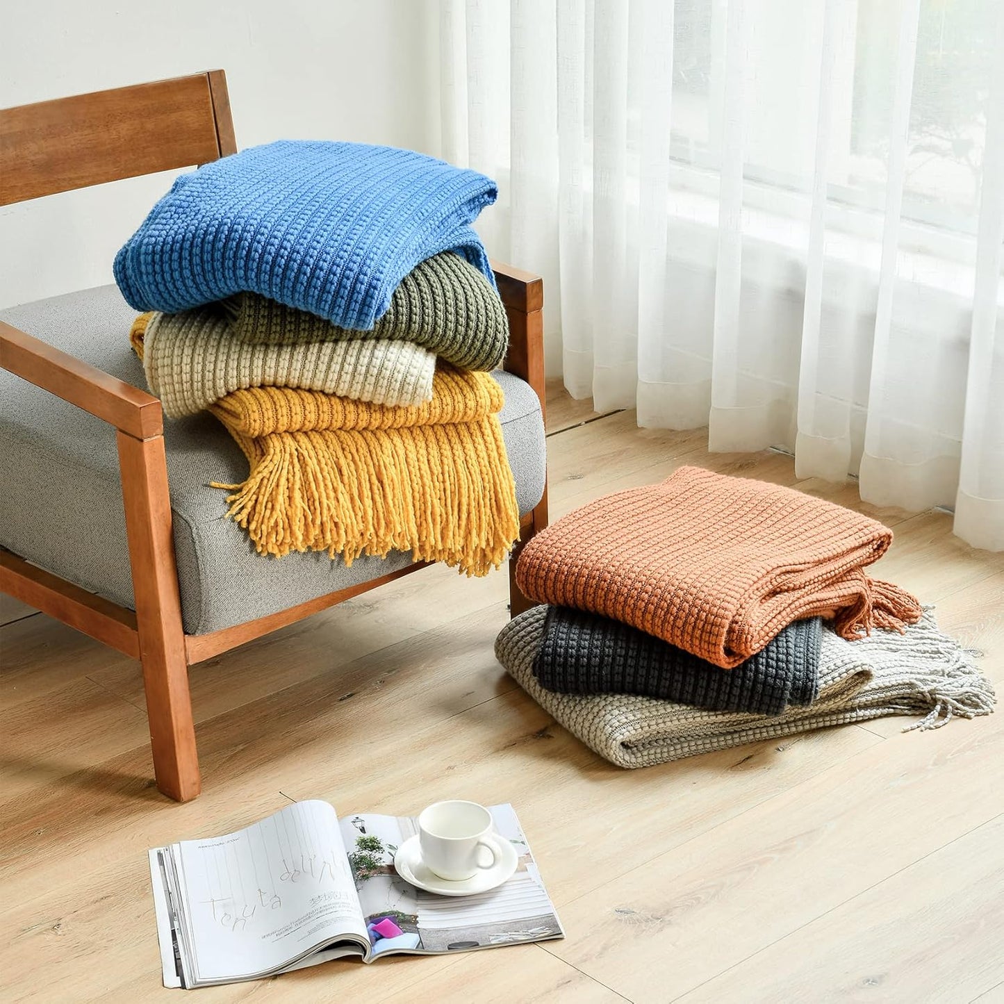 Blagic Knitted Throw Blanket for Couch,Soft Farmhouse Throw Blanket with Tassels,Home Decorative Lightweight Throw Blankets,Camel Throws for Bed/Chair/Sofa, 50" W x 60" L