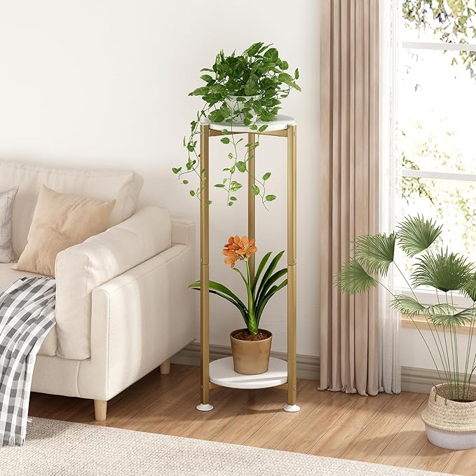 Plant Stand Indoor Corner Tall 2 Tier Metal Modern Flower Storage Plant Shelf Holder for Living Room Balcony Garden,Gold (2 Tier-Gold Round)